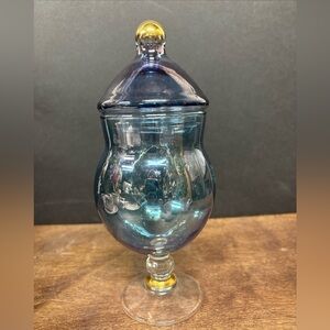 Vintage Elegant Iridescent Blue Glass Jar with Lid